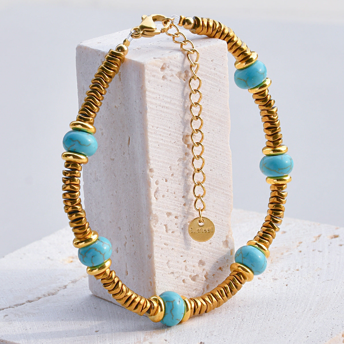 Wholesale Retro texture color natural stone stitching titanium steel bracelet